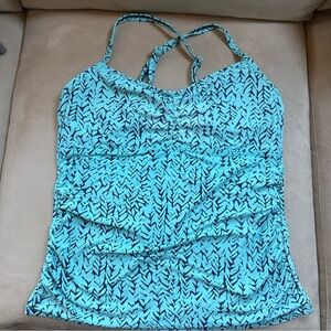 Title Nine Turquoise Navy Tankini Top Cross Back Ruched Size L EUC